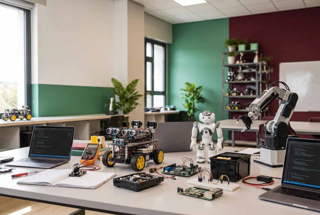 Educational robots and coding equipment in a classroom